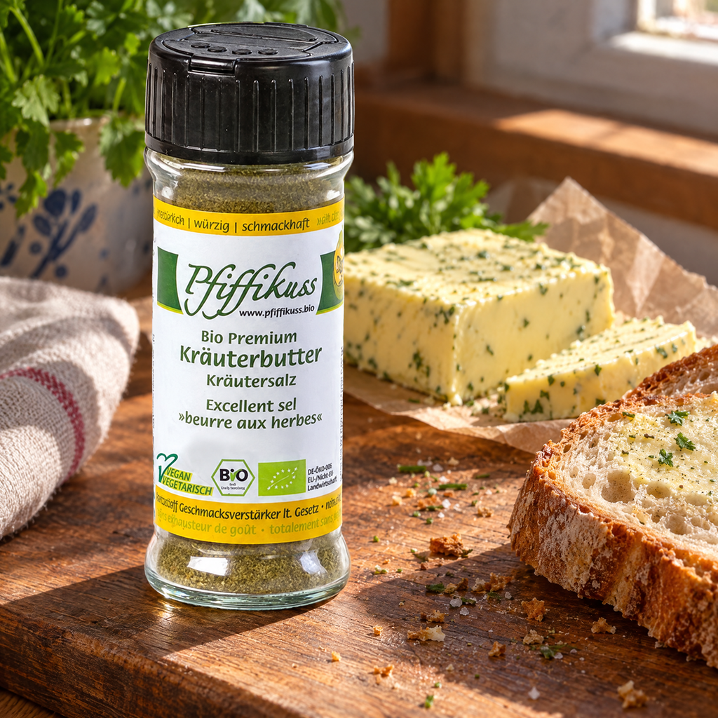 Pfiffikuss BIO Kräuterbutter-Gewürzsalz 70 g – auf einem Holzbrett neben Butter und Brotscheiben