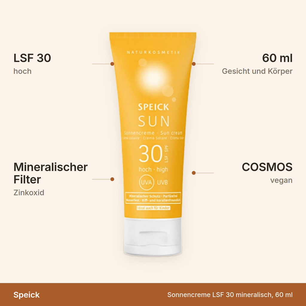 Speick Sonnencreme LSF 30 – 60 ml mit rein mineralischem Filter aus Zinkoxid, für Gesicht und Körper, COSMOS-zertifiziert, vegan