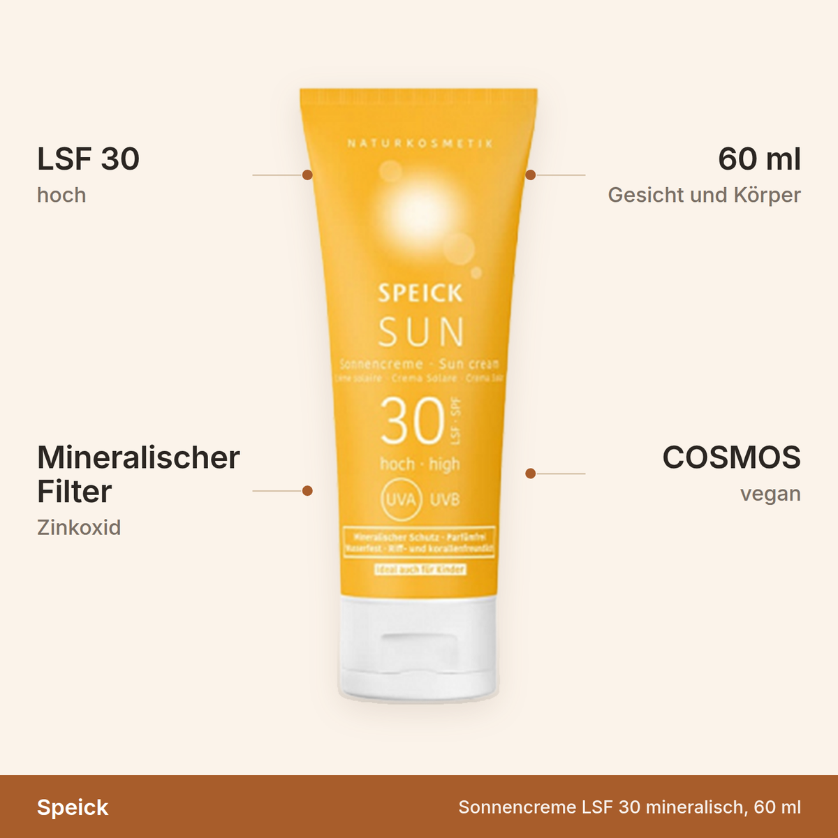 Speick Sonnencreme LSF 30 – 60 ml mit rein mineralischem Filter aus Zinkoxid, für Gesicht und Körper, COSMOS-zertifiziert, vegan