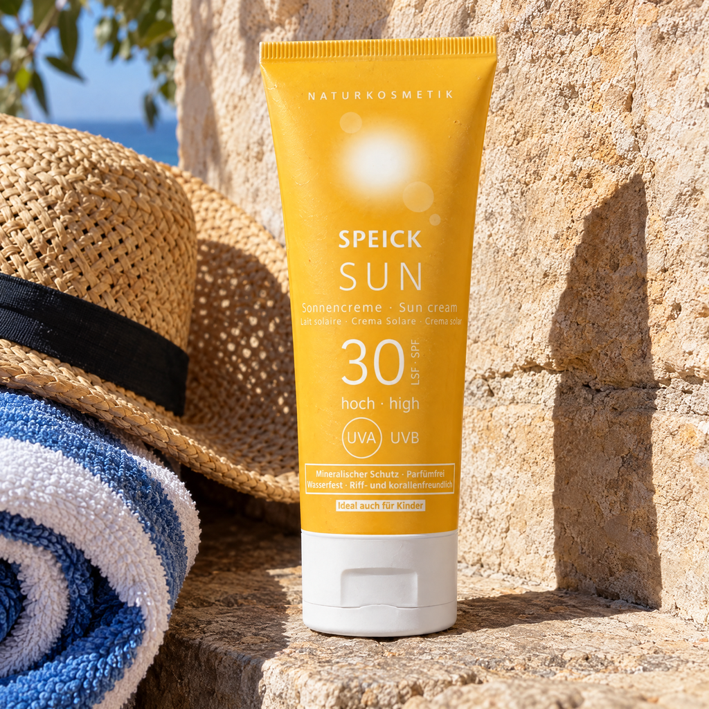 Speick Sonnencreme LSF 30 mineralisch 60 ml – auf einer warmen Steinmauer neben Strohhut und Badetuch