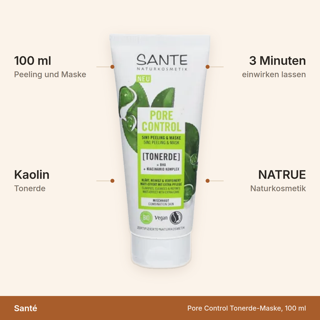 Santé Pore Control – 100 ml Peeling und Maske mit Kaolin-Tonerde, 3 Minuten einwirken lassen, NATRUE