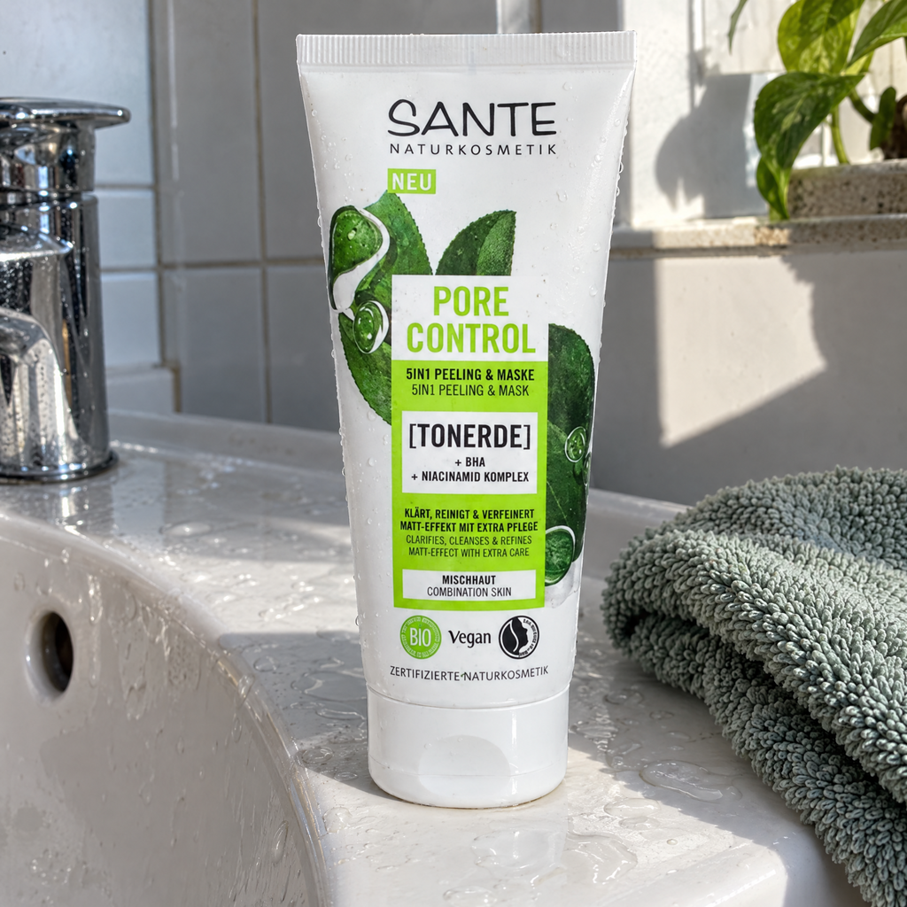 Santé Pore Control Tonerde-Maske 100 ml – am Waschbecken neben einem gefalteten Waschlappen