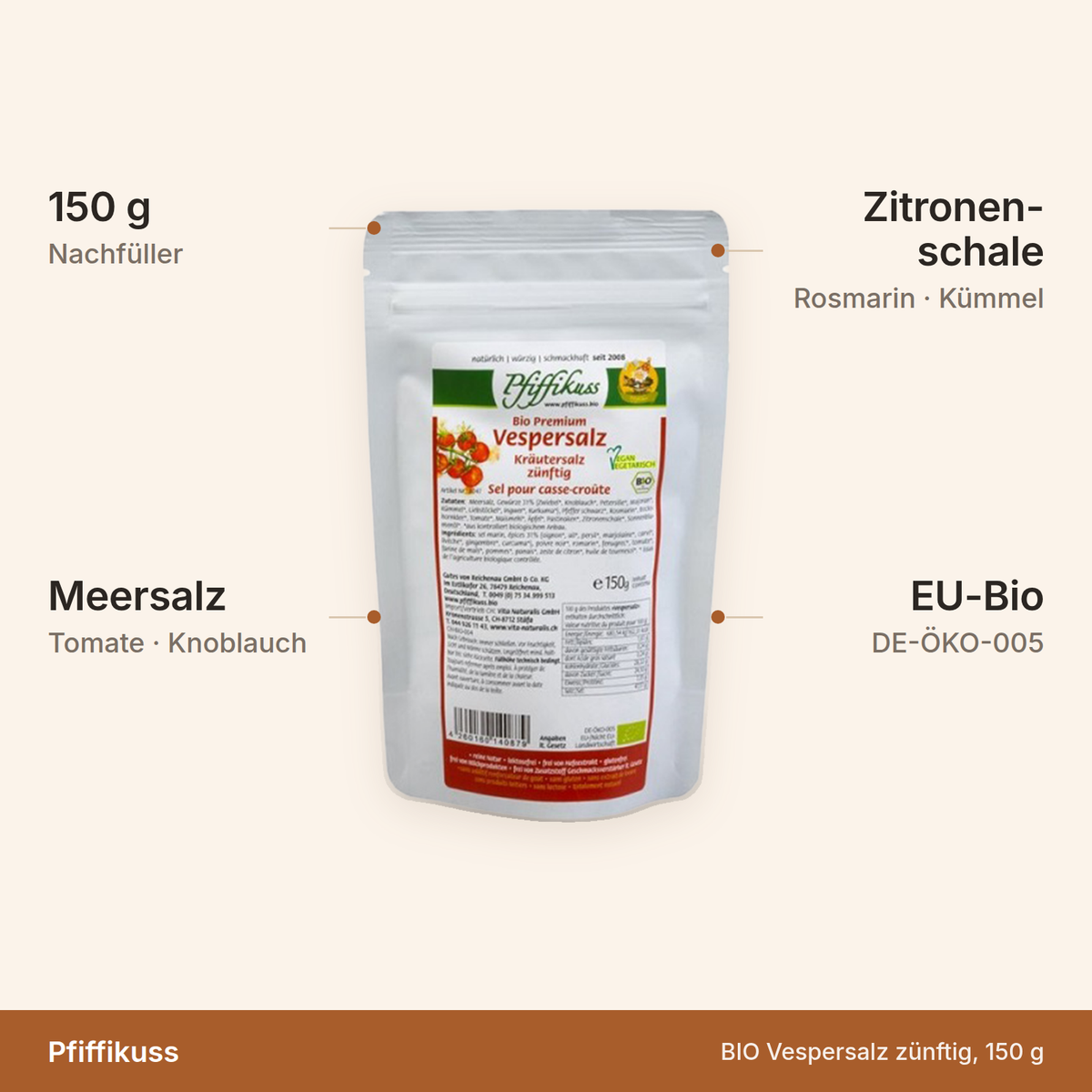 BIO Vespersalz zünftig – 150 g Nachfüller, Meersalz mit Tomate, Knoblauch und Zitronenschale, EU-Bio
