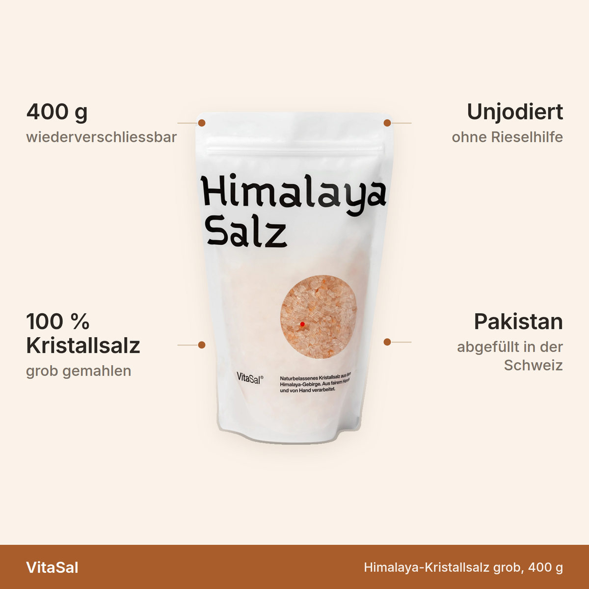 VitaSal Himalaya-Kristallsalz – 400 g wiederverschliessbarer Beutel, 100 Prozent grob gemahlenes Kristallsalz, unjodiert, ohne Rieselhilfe