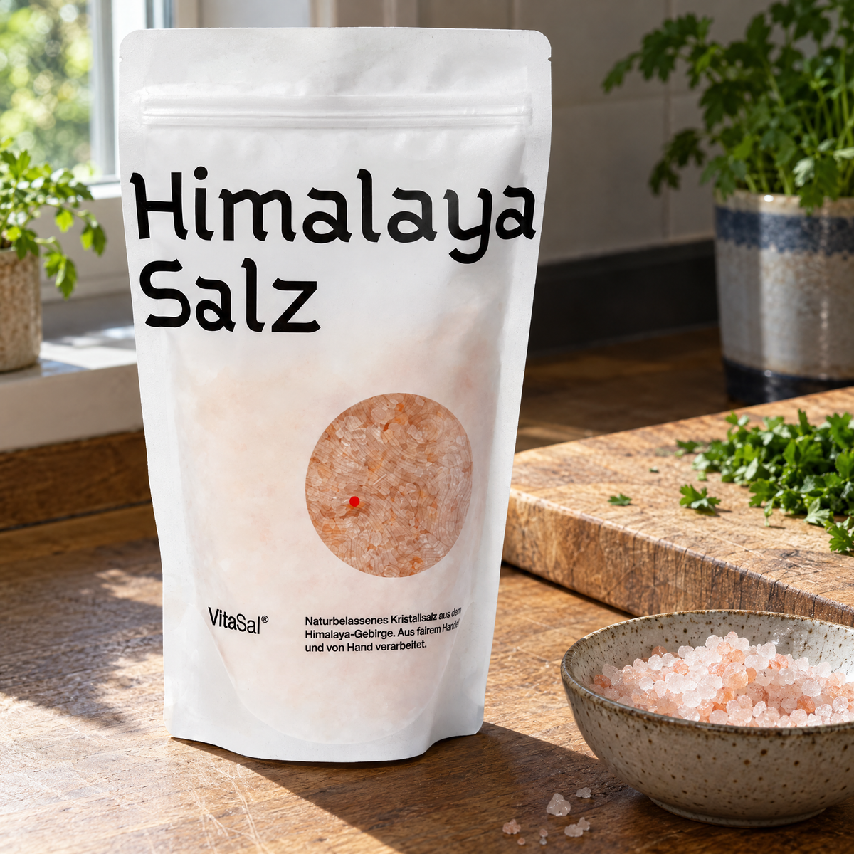 VitaSal Himalaya-Kristallsalz grob 400 g – auf der Küchenarbeitsfläche neben Holzbrett und Salzschale