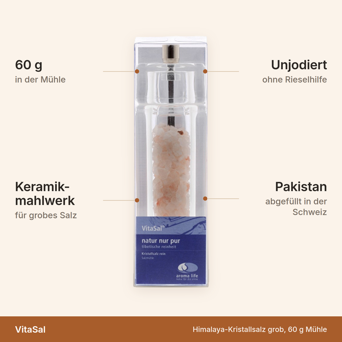 VitaSal Himalaya-Kristallsalz – 60 g Mühle mit Keramikmahlwerk, grobes Kristallsalz, unjodiert, ohne Rieselhilfe