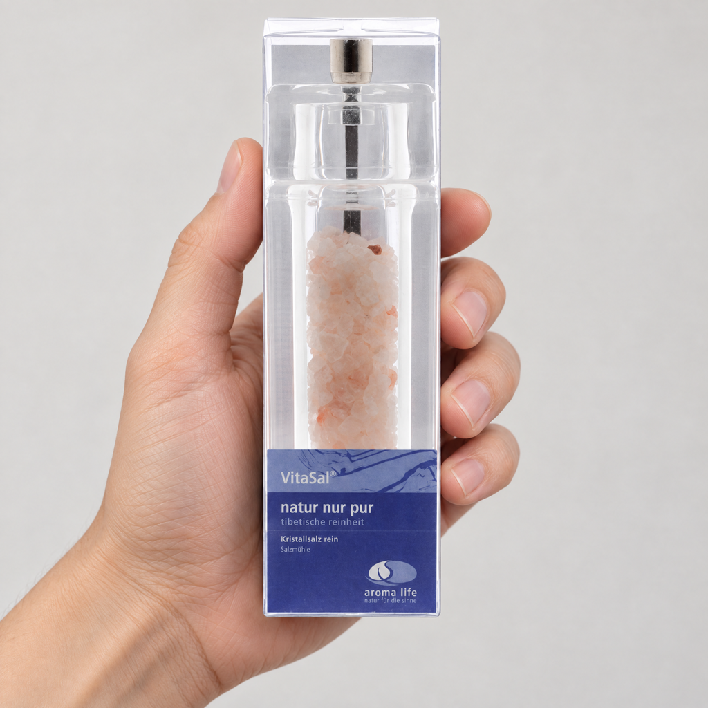 VitaSal Himalaya-Kristallsalz grob 60 g Mühle – Grössenvergleich in der Hand