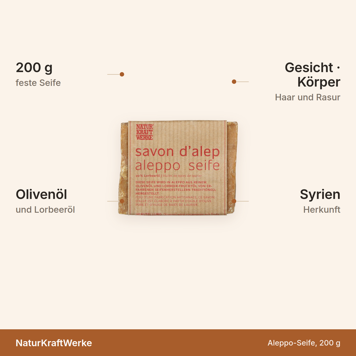 NaturKraftWerke Aleppo-Seife – 200 g feste Seife aus Oliven- und Lorbeeröl für Gesicht, Körper, Haar und Rasur