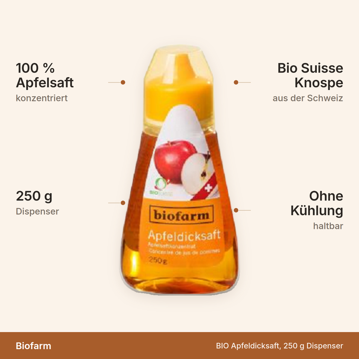 Biofarm BIO Apfeldicksaft – 250 g Dispenser, 100 % konzentrierter Apfelsaft mit Bio-Suisse-Knospe aus der Schweiz