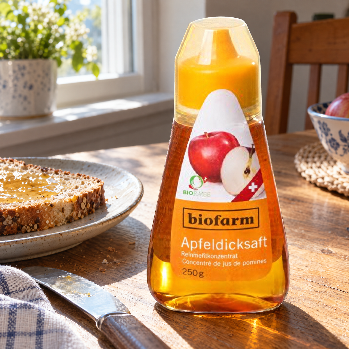 Biofarm BIO Apfeldicksaft, 250 g Dispenser – auf dem Frühstückstisch neben einer Scheibe Brot und einem Messer