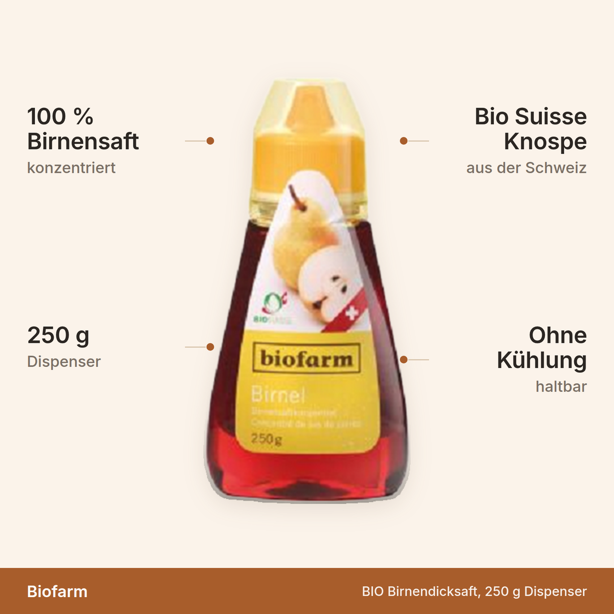 Biofarm BIO Birnendicksaft – 250 g Dispenser, 100 % konzentrierter Birnensaft mit Bio-Suisse-Knospe aus der Schweiz