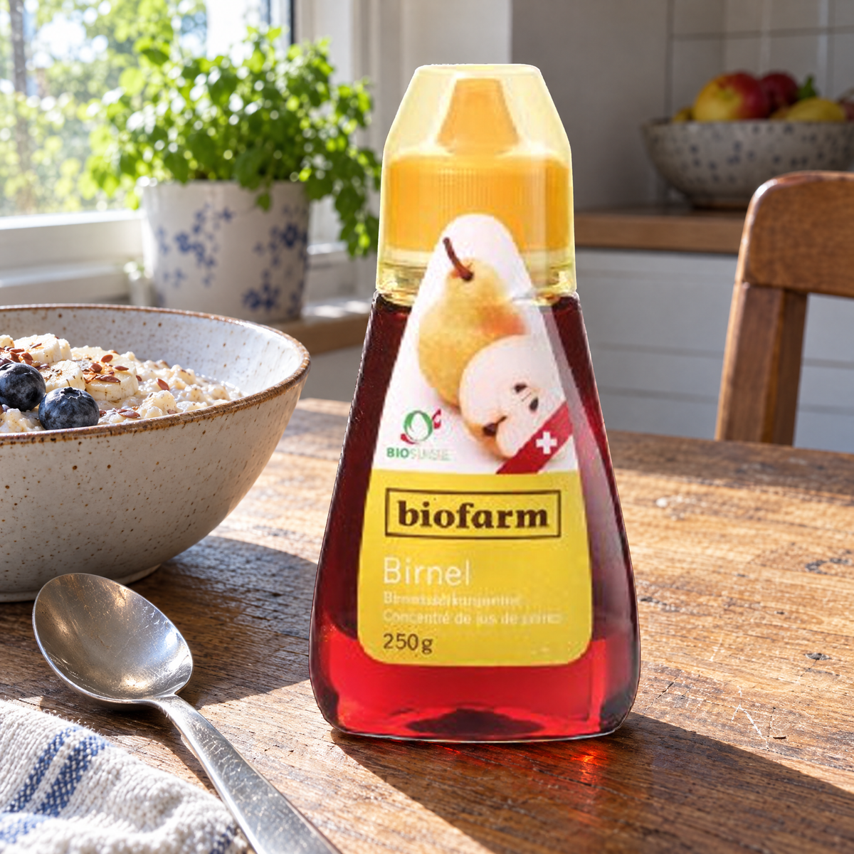 Biofarm BIO Birnendicksaft, 250 g Dispenser – auf dem Küchentisch neben einer Schale Porridge und einem Löffel