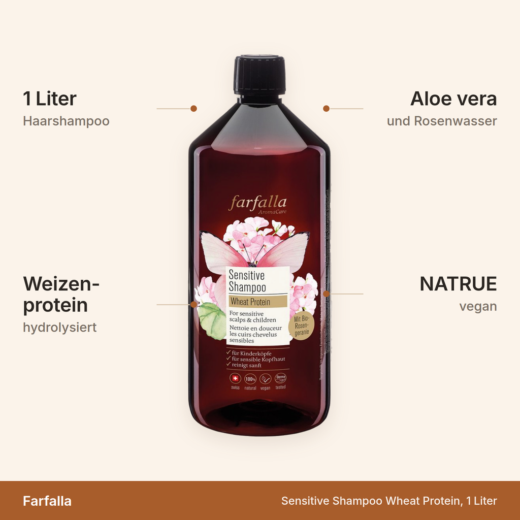 Farfalla Sensitive Shampoo Wheat Protein – 1 Liter mit hydrolysiertem Weizenprotein, Aloe vera und Rosenwasser, NATRUE-zertifiziert