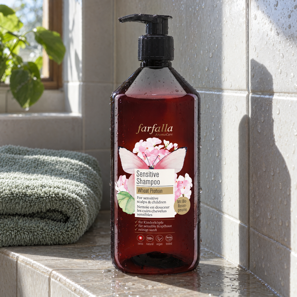 Farfalla Sensitive Shampoo Wheat Protein, 1 l – auf einem gefliesten Badezimmerbrett neben einem gefalteten Tuch