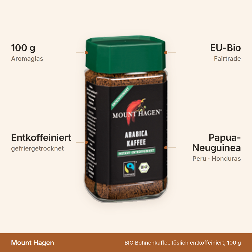Mount Hagen BIO Bohnenkaffee löslich entkoffeiniert – 100 g Aromaglas, gefriergetrocknet, EU-Bio und Fairtrade