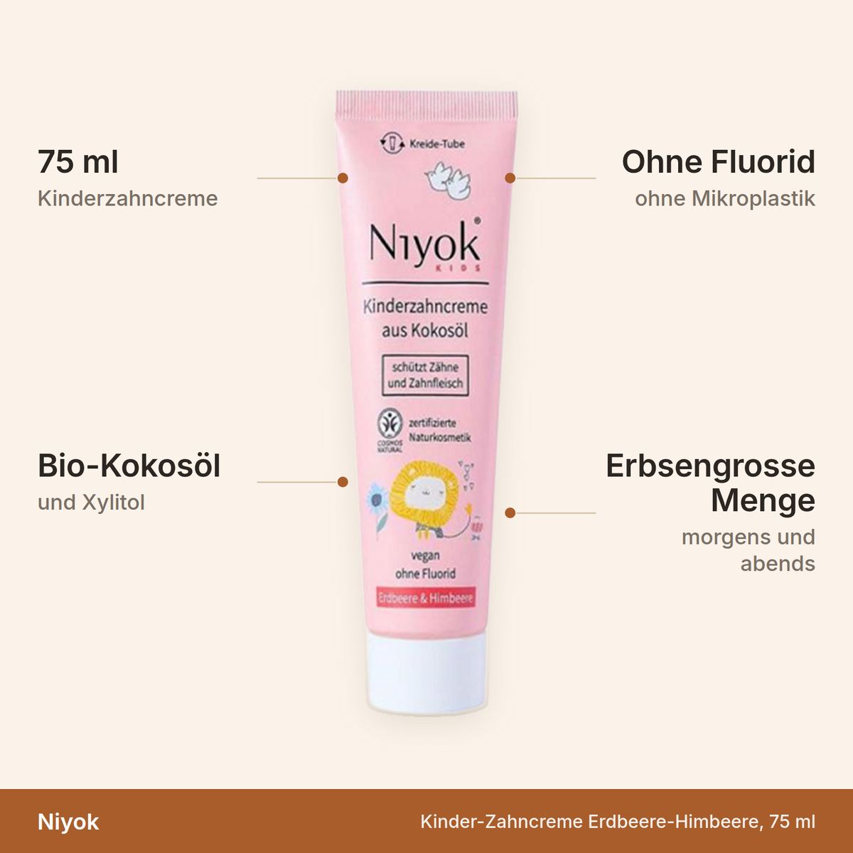 Niyok Kinder-Zahncreme Erdbeere-Himbeere – 75 ml mit Bio-Kokosöl und Xylitol, ohne Fluorid und ohne Mikroplastik
