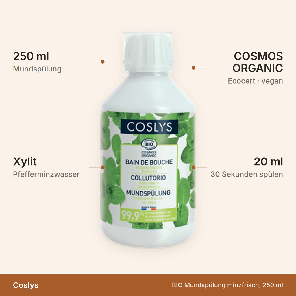 Coslys BIO Mundspülung minzfrisch – 250 ml mit Xylit und Pfefferminzwasser, COSMOS ORGANIC zertifiziert