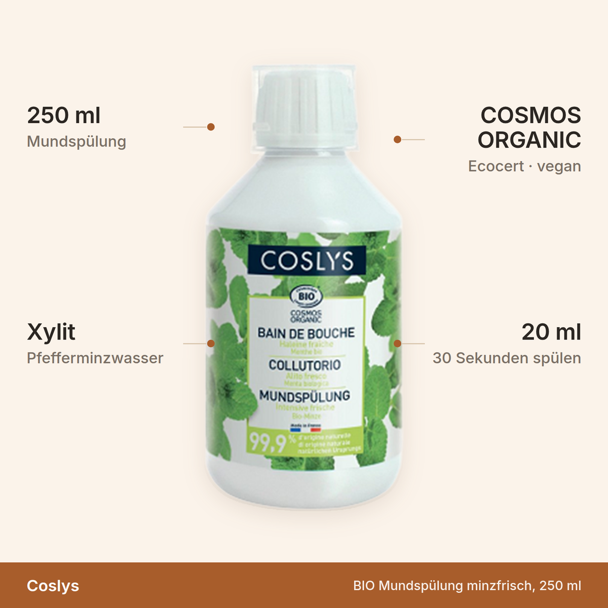 Coslys BIO Mundspülung minzfrisch – 250 ml mit Xylit und Pfefferminzwasser, COSMOS ORGANIC zertifiziert