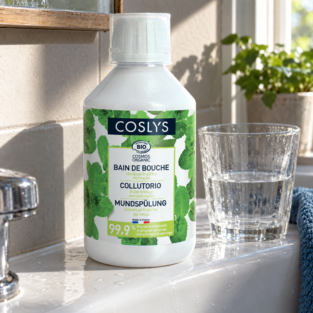 Coslys BIO Mundspülung minzfrisch, 250 ml – auf dem Rand eines Keramik-Waschbeckens neben einem Glas