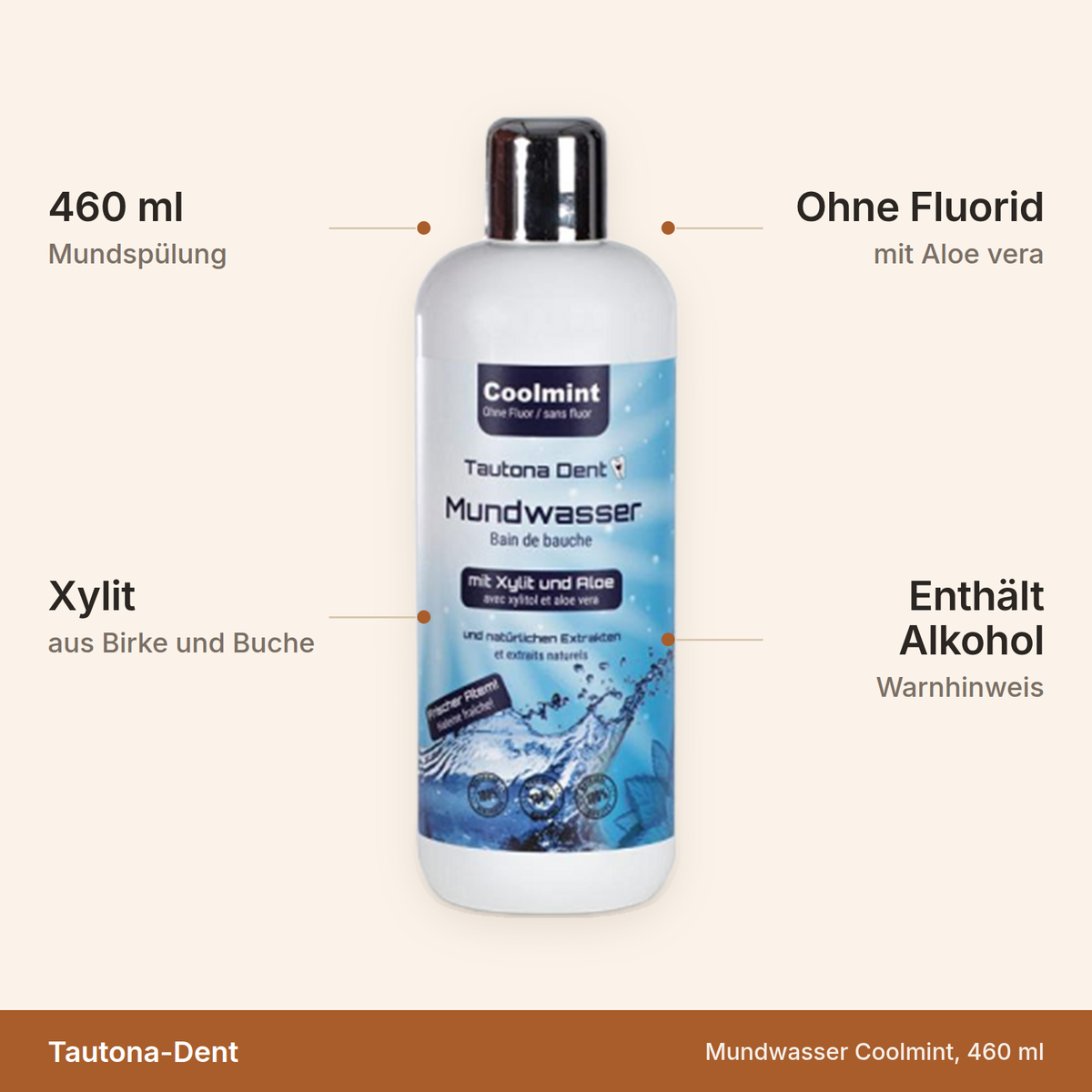 Tautona-Dent Mundwasser Coolmint – 460 ml mit Xylit aus Birke und Buche sowie Aloe vera, ohne Fluorid, enthält Alkohol