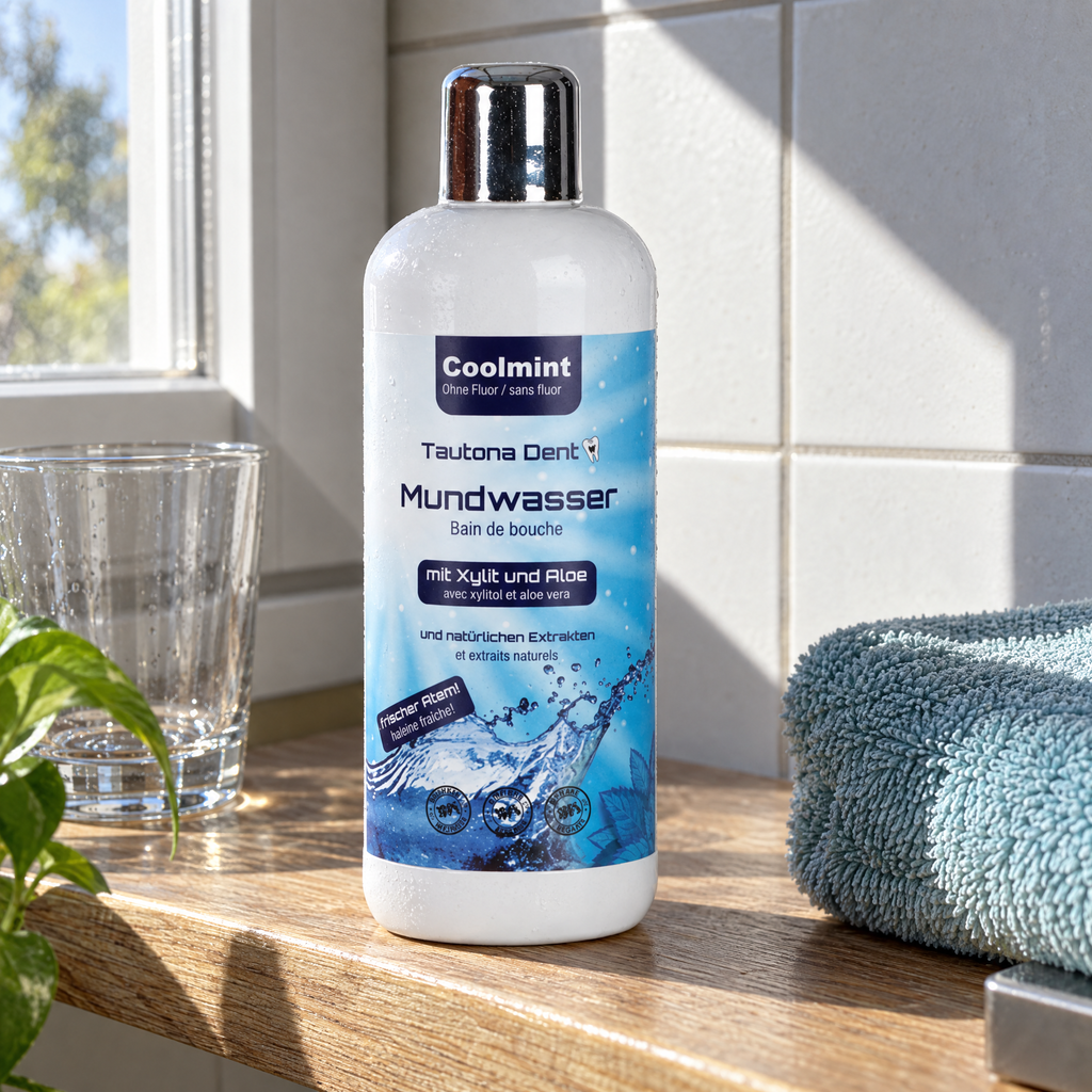 Tautona-Dent Mundwasser Coolmint, 460 ml – auf einem Badezimmerbrett neben einem Glas und einem Tuch