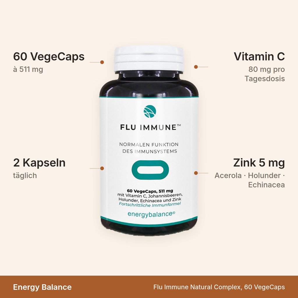 Energy Balance Flu Immune Natural Complex – 60 VegeCaps à 511 mg, 2 Kapseln täglich, mit Vitamin C, Zink, Acerola, Holunder und Echinacea