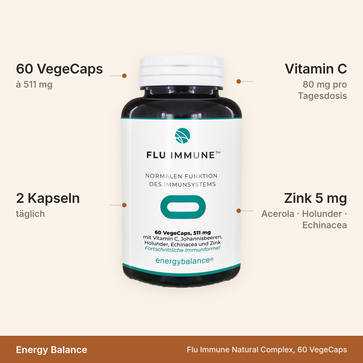 Energy Balance Flu Immune Natural Complex – 60 VegeCaps à 511 mg, 2 Kapseln täglich, mit Vitamin C, Zink, Acerola, Holunder und Echinacea