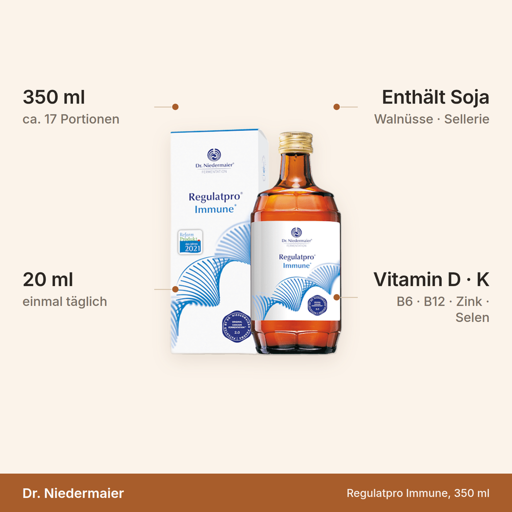Dr. Niedermaier Regulatpro Immune – 350 ml für ca. 17 Portionen, 20 ml einmal täglich, enthält Soja, Walnüsse und Sellerie