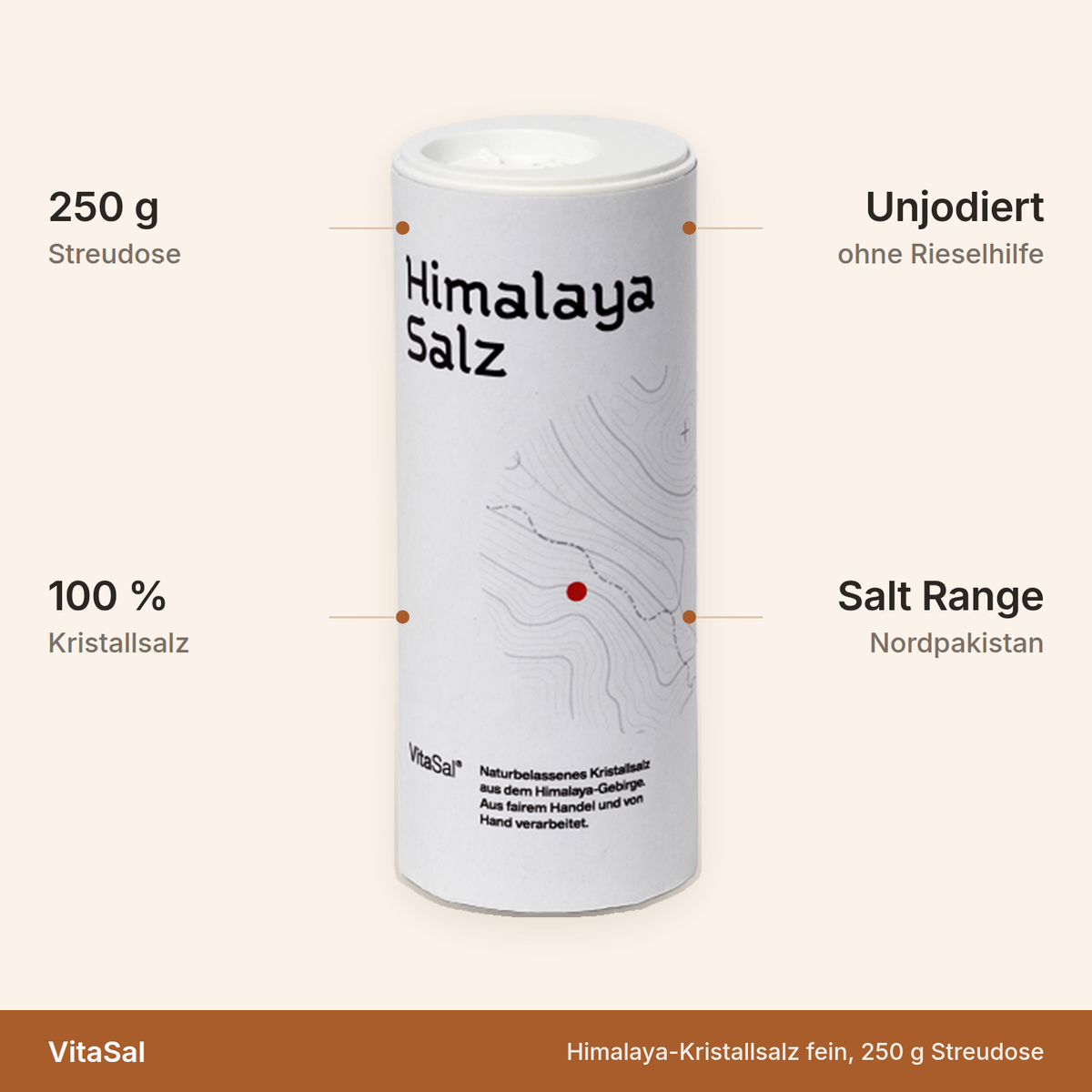 VitaSal Himalaya-Kristallsalz fein – 250 g Streudose, 100 Prozent Kristallsalz aus der Salt Range in Nordpakistan, unjodiert und ohne Rieselhilfe