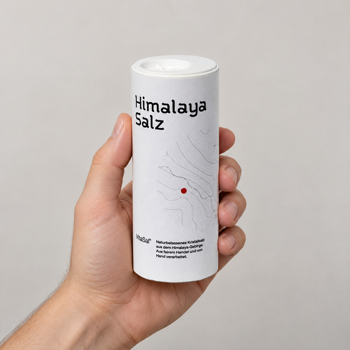 VitaSal Himalaya-Kristallsalz fein, 250 g Streudose – Grössenvergleich in der Hand