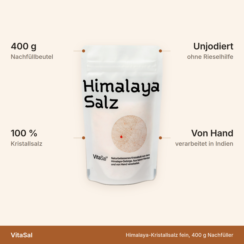 VitaSal Himalaya-Kristallsalz fein – 400 g Nachfüllbeutel, 100 Prozent Kristallsalz, von Hand verarbeitet in Indien, unjodiert und ohne Rieselhilfe