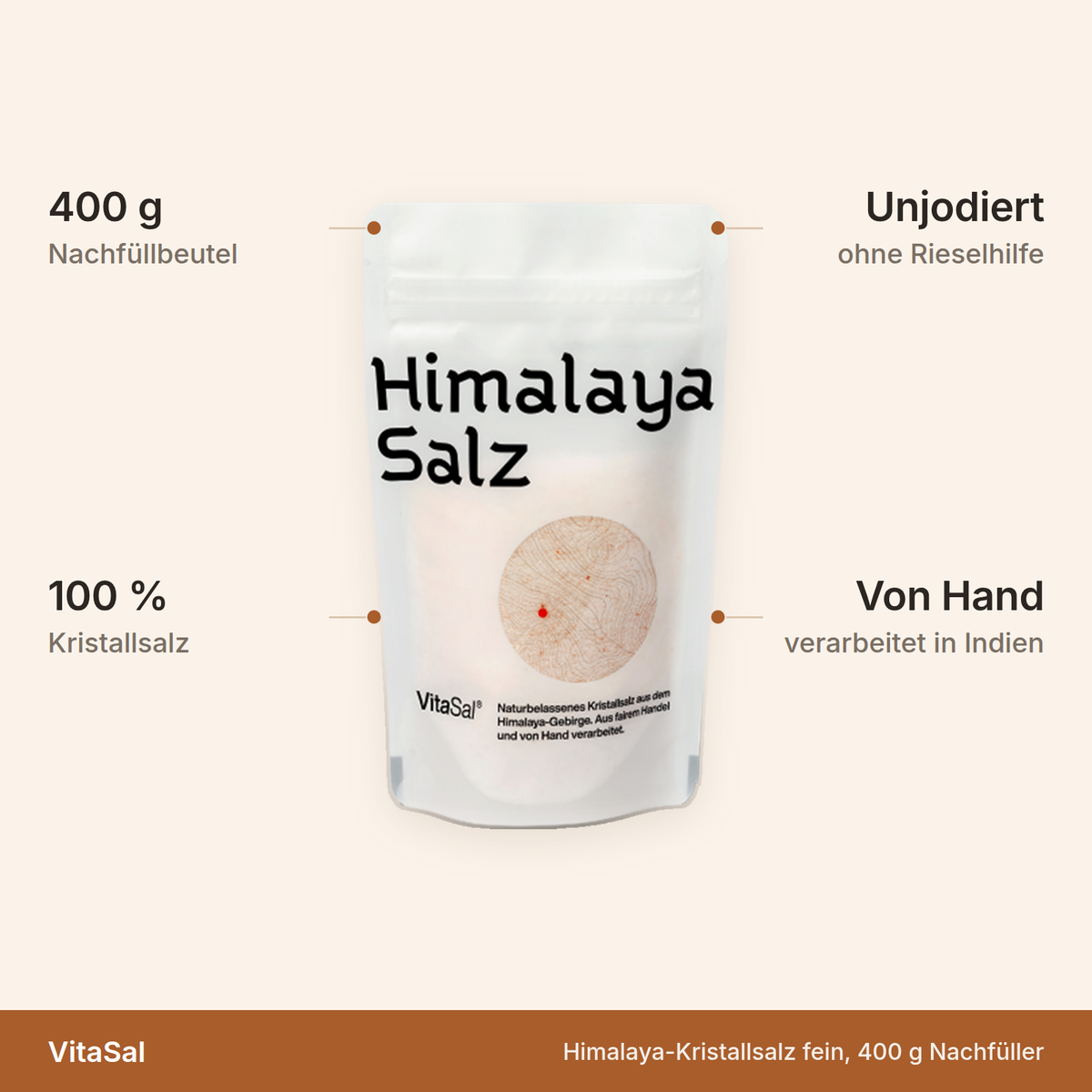 VitaSal Himalaya-Kristallsalz fein – 400 g Nachfüllbeutel, 100 Prozent Kristallsalz, von Hand verarbeitet in Indien, unjodiert und ohne Rieselhilfe