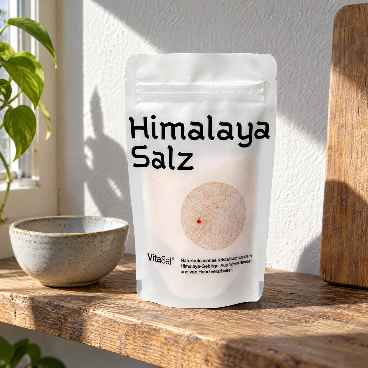 VitaSal Himalaya-Kristallsalz fein, 400 g Nachfüller – auf einem Küchenbrett neben einer kleinen Keramikschale