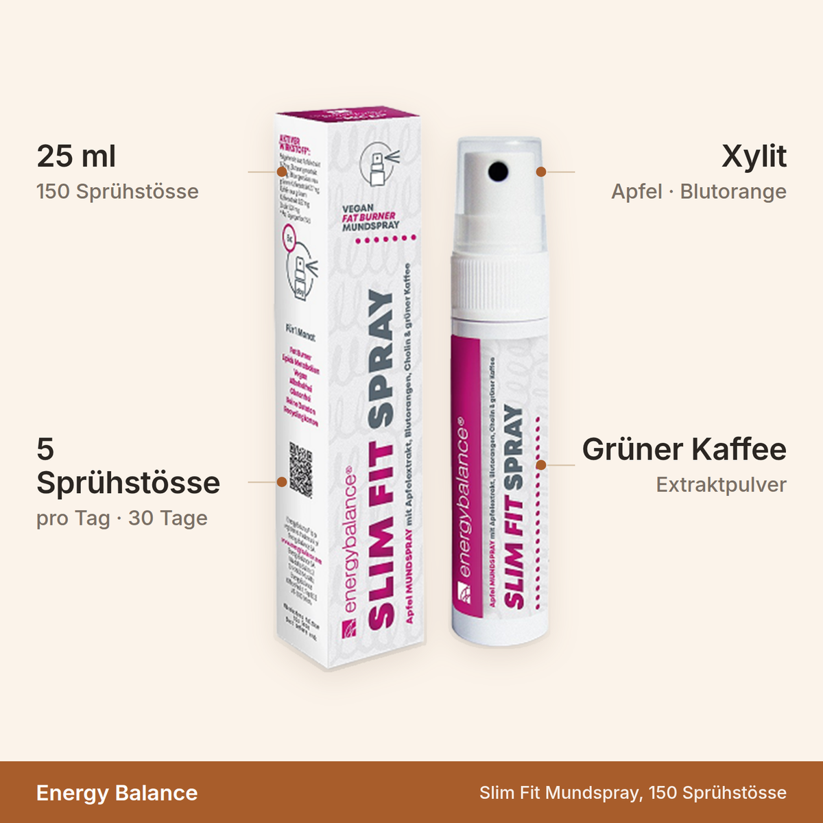 Energy Balance Slim Fit Mundspray – 25 ml mit 150 Sprühstössen, 5 Sprühstösse pro Tag für 30 Tage, mit Xylit und grünem Kaffee