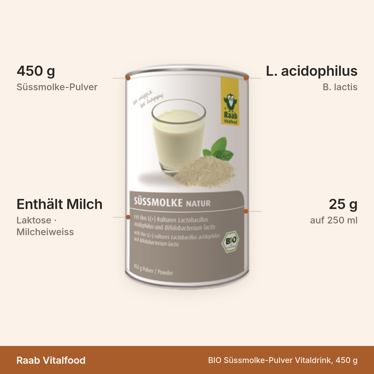 Raab Vitalfood BIO Premium Süssmolke-Pulver Vitaldrink – 450 g mit L. acidophilus und B. lactis, 25 g auf 250 ml, enthält Milch