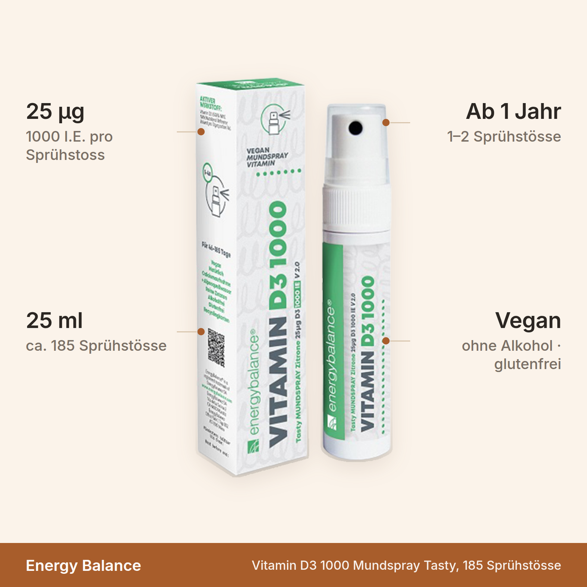 Energy Balance Vitamin D3 1000 Mundspray Tasty – 25 ml mit ca. 185 Sprühstössen, 25 µg (1000 I.E.) Vitamin D3 pro Sprühstoss, vegan und ohne Alkohol