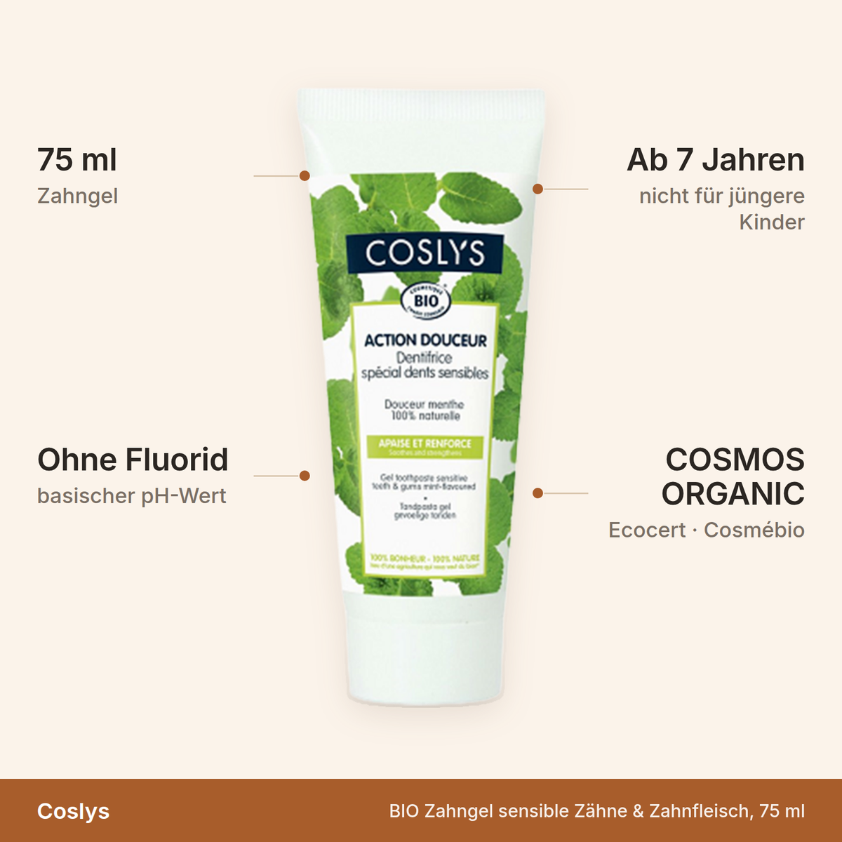 Coslys BIO Zahngel sensible Zähne & Zahnfleisch – 75 ml, ohne Fluorid mit basischem pH-Wert, COSMOS ORGANIC zertifiziert, ab 7 Jahren