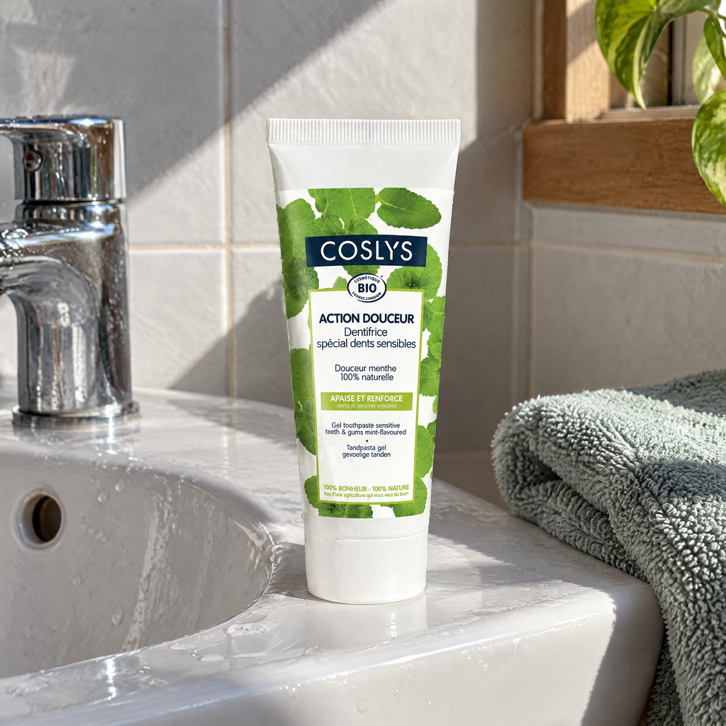 Coslys BIO Zahngel sensible Zähne & Zahnfleisch, 75 ml – auf dem Rand eines Keramik-Waschbeckens neben einem Tuch