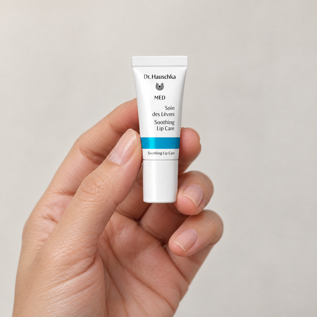 Dr. Hauschka MED Akut Lippenpflege in einer Hand – Grössenvergleich