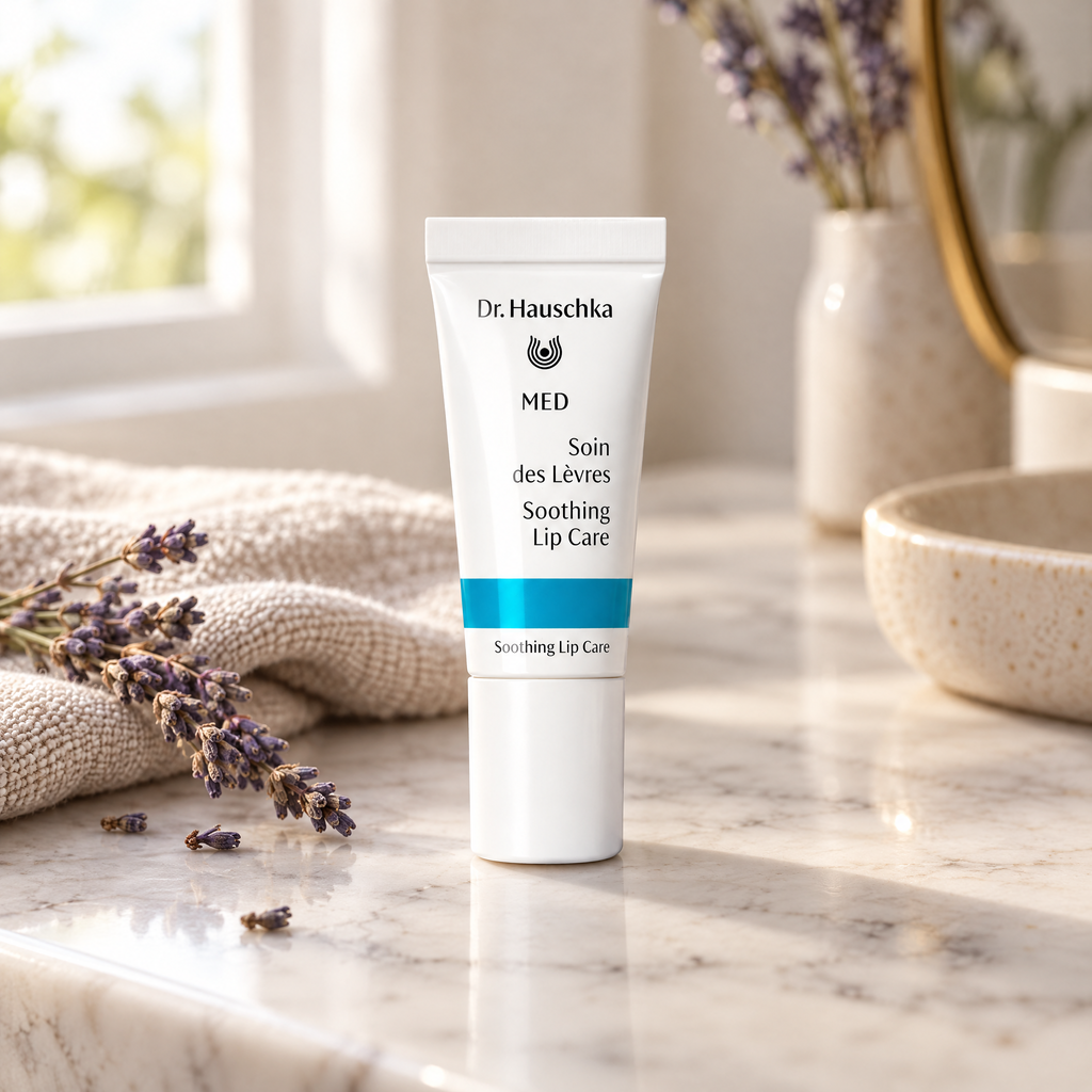Dr. Hauschka MED Akut Lippenpflege auf einer Marmorablage mit Leinentuch und Lavendel
