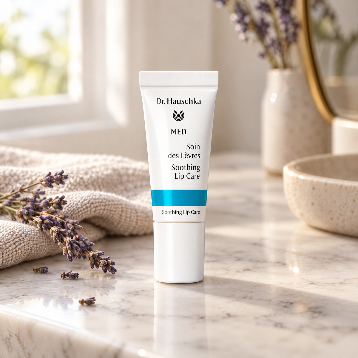 Dr. Hauschka MED Akut Lippenpflege auf einer Marmorablage mit Leinentuch und Lavendel