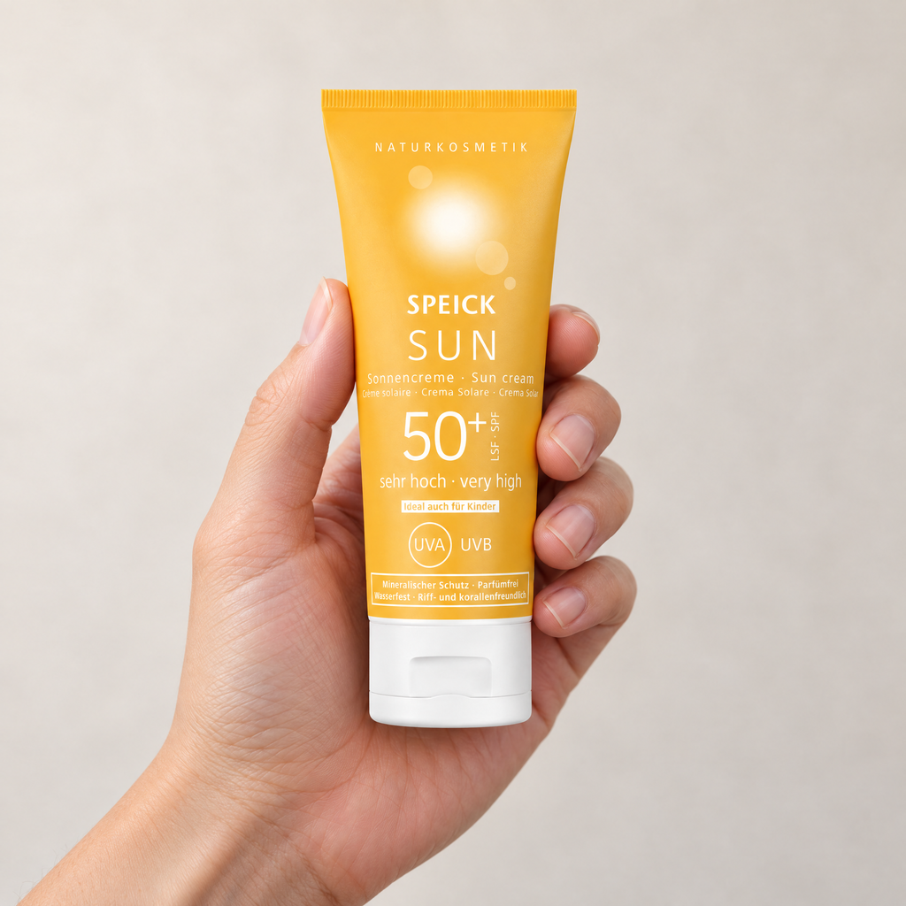 Speick Sonnencreme LSF 50 mineralisch 60 ml in einer Hand – Grössenvergleich