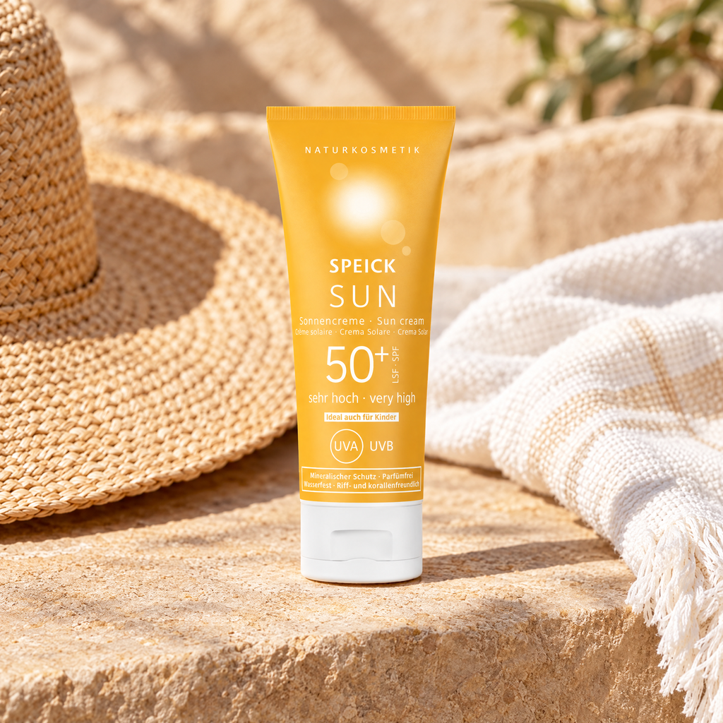 Speick Sonnencreme LSF 50 auf warmem Stein mit Strohhut und Badetuch