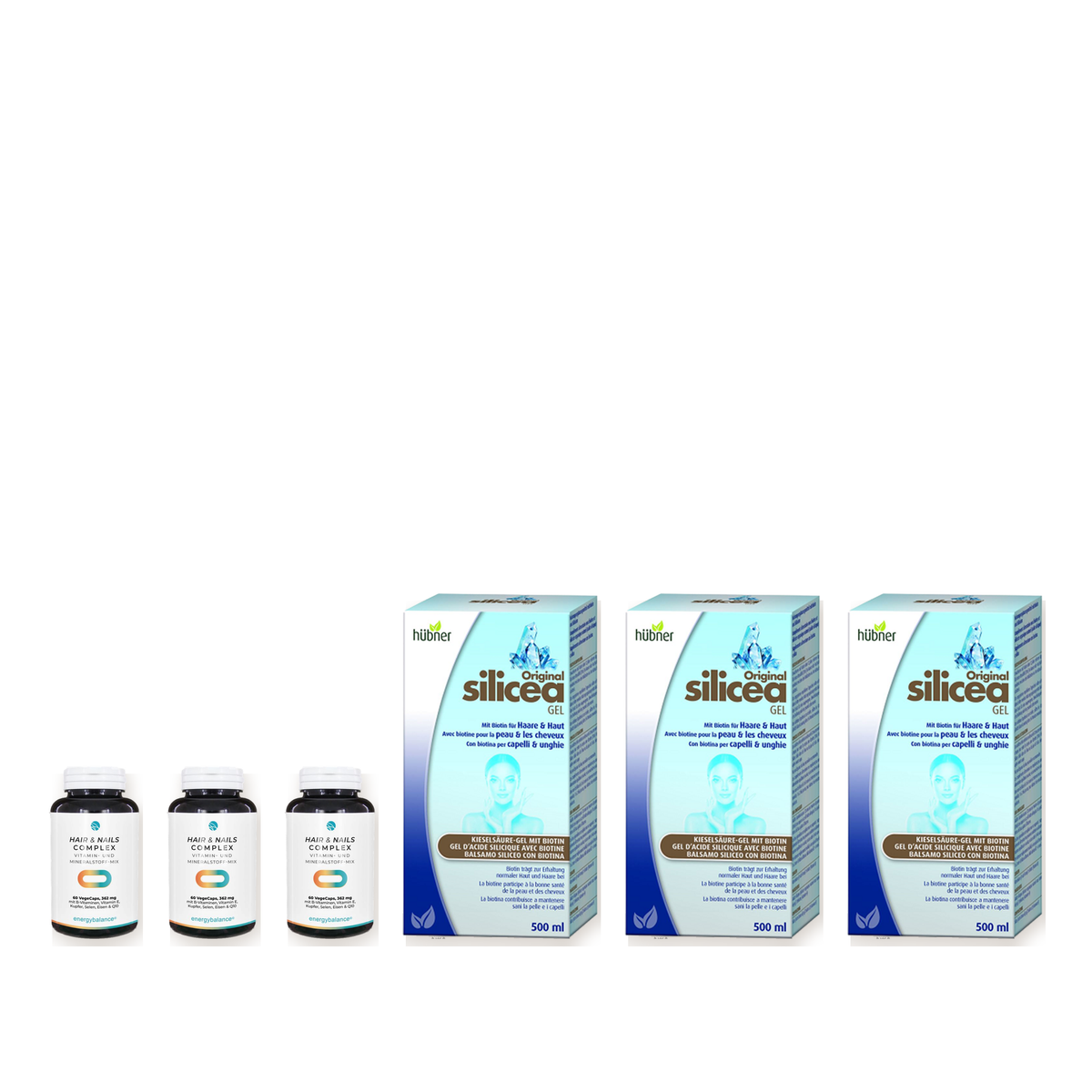 SET 3-Monatskur: 3 × Hair & Nails Complex und 3 × Hübner Silicea Balsam 500 ml