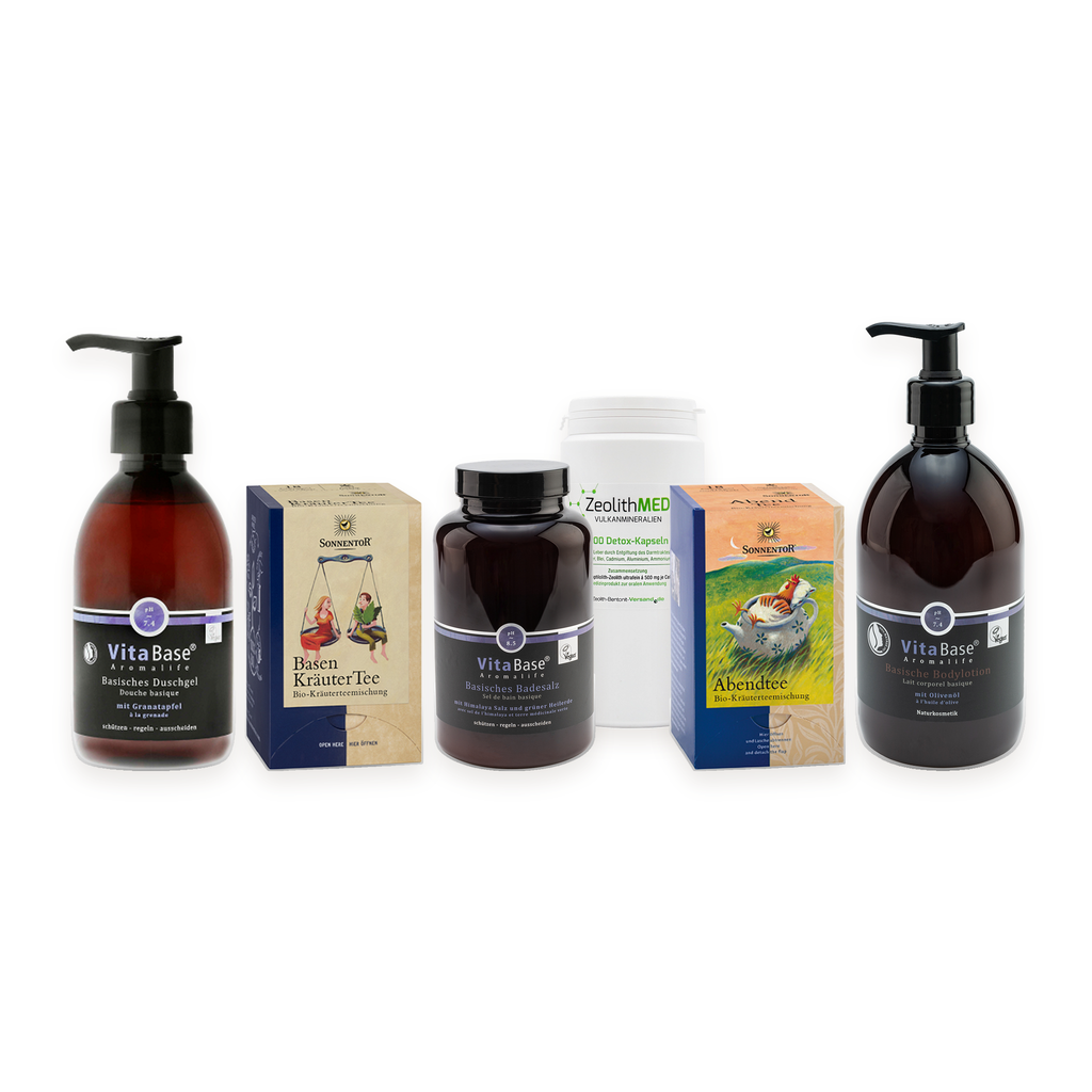 Starter-Set Basic: Inhalt mit Sonnentor BIO Basen-Kräutertee und BIO Basen-Abendtee, VitaBase Basisches Badesalz 500 g, Duschgel und Bodylotion sowie ZeolithMED Detox
