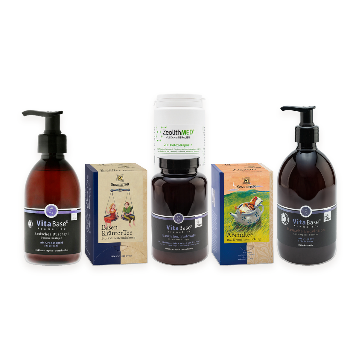 Starter-Set Basic: Inhalt mit Sonnentor BIO Basen-Kräutertee und BIO Basen-Abendtee, VitaBase Basisches Badesalz 500 g, Duschgel und Bodylotion sowie ZeolithMED Detox