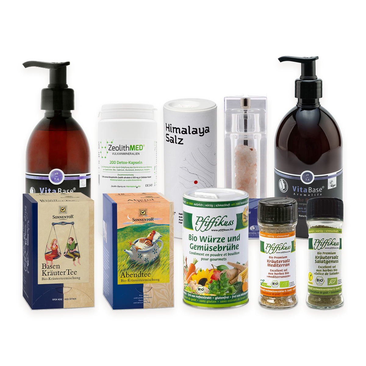 Starter-Set Gross: Inhalt mit Sonnentor BIO Basen-Kräutertee und BIO Basen-Abendtee, VitaBase Duschgel und Bodylotion, ZeolithMED Detox, Himalaya-Kristallsalz fein und grob, Pfiffikuss Würze & Gemüsebrühe sowie Kräutersalz mediterran und Salatgenuss