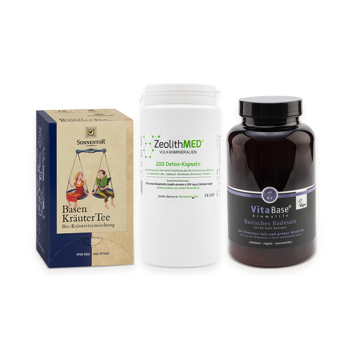 Starter-Set Klein: Inhalt mit Sonnentor BIO Basen-Kräutertee, ZeolithMED Detox 200 Kapseln und VitaBase Basisches Badesalz 500 g