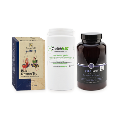Starter-Set Klein: Inhalt mit Sonnentor BIO Basen-Kräutertee, ZeolithMED Detox 200 Kapseln und VitaBase Basisches Badesalz 500 g