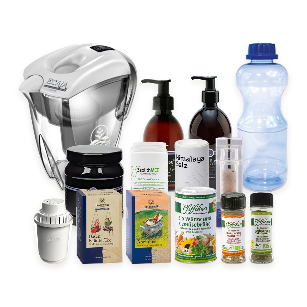 Starter-Set Komplett: Inhalt mit ECAIA Karaffe und zusätzlicher Filter-Cartouche, Trinkflasche 1 l, VitaBase Badesalz 1000 g, Duschgel und Bodylotion, Sonnentor BIO Basen-Kräutertee und BIO Basen-Abendtee, ZeolithMED Detox, Kristallsalz fein und grob, Pfiffikuss Würze sowie Kräutersalz mediterran und Salatgenuss